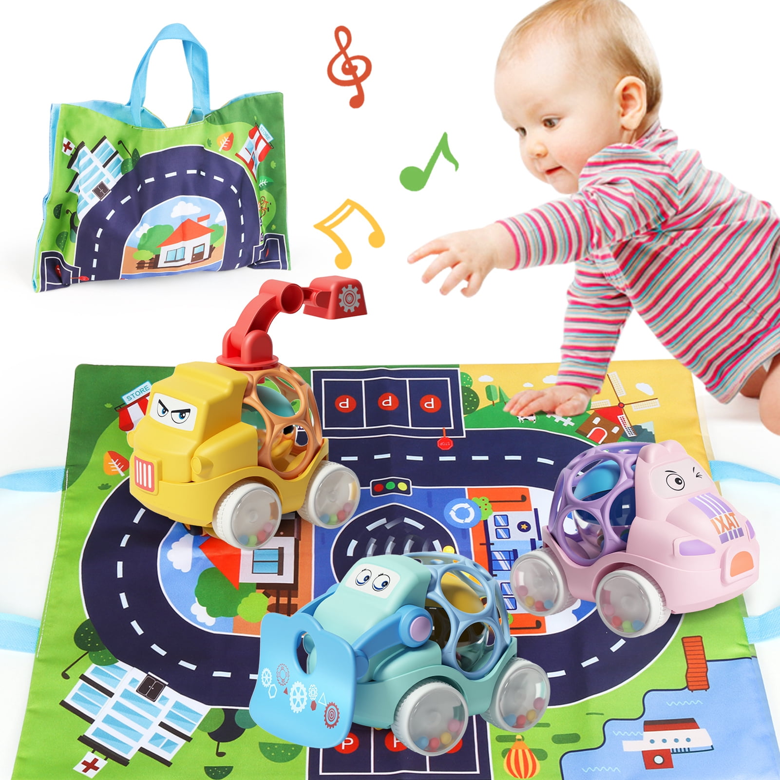 Baby Toy Cars for Age 1+ boys,3 Pieces Soft Rubber Push and Go Vehicles ...