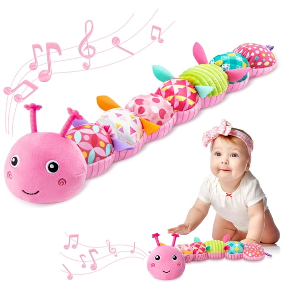 Baby Toys 0-6-12 Months,Infant Musical Stuffed Animals Activity Toys with Muti-Sensory Crinkle,Rattles,Baby Girl Toys Gifts for Newborn Tummy Time,Caterpillar,Pink