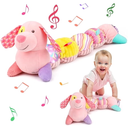 Baby Toys 0-6-12 Months, Multi-Sensory Music Stuffed Animal Plush Dog Toy, Newborn Gift for 1 2 Year Old Boys Girls, Pink
