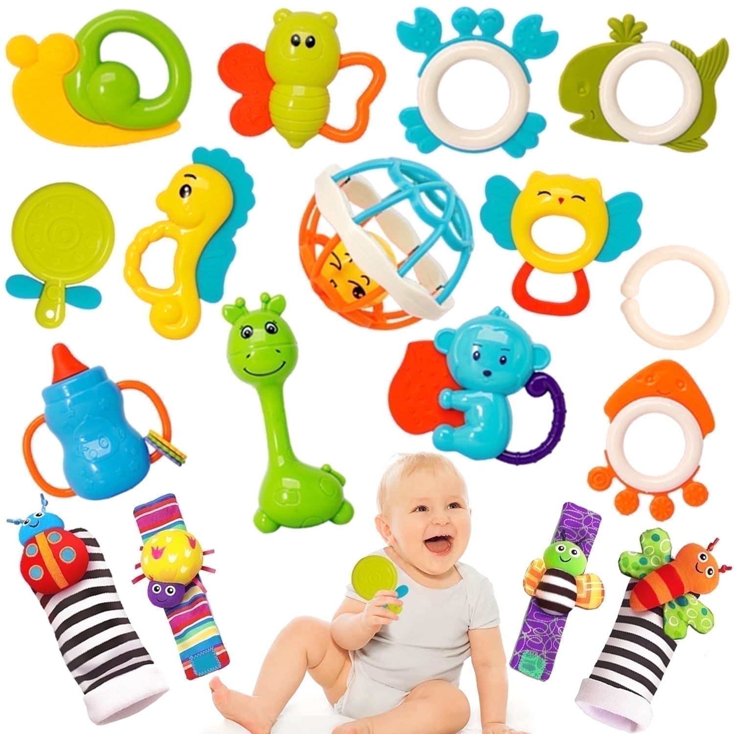 Sytle-Carry Baby Toys, 17 Pcs Rattles and Teething Toys for Babies