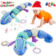Ludolm Baby Musical Stuffed Animal Toy with Soft Sensory Rattles and Crinkle Newborn Plush Tummy Time Toys, Chameleon Height Chart -Blue