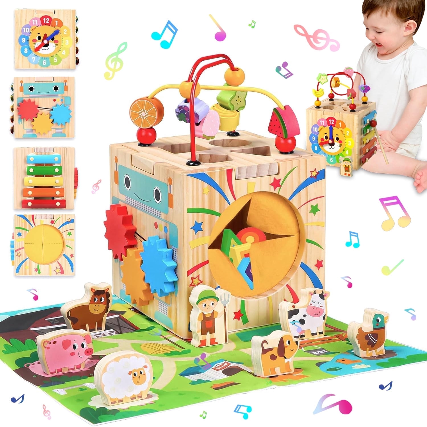 Baby Toys for 12-24 Months, Wooden Activity Cube, 7-in-1 Montessori Toys for 1+ Year Old, Educational Learning Toys for Toddlers Age 1-2 Birthday Gifts