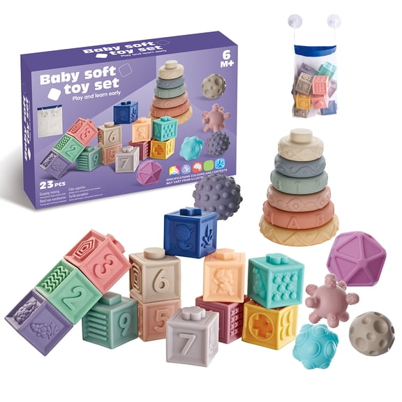 Baby Toys 6-12 Months, 23PCS Montessori Toy for Babies 6-12 Months, Baby Blocks Stacking Rings,Soft Teething Stacking Toy Set, Sensory Balls for Baby Toddler Development,for Ages 6M+