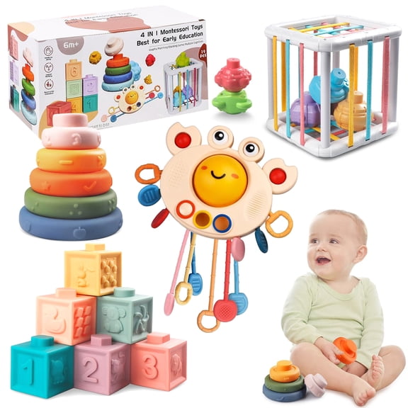 Montessori Toys for 1 Years Old, 4 in 1 Sensory Toys for Baby 6-12 Months, Stacking Building Blocks, Color Shape Bin, Silicone Pull String Activity Toys Set, Baby Toys Fine Motor Skills Toys Gift