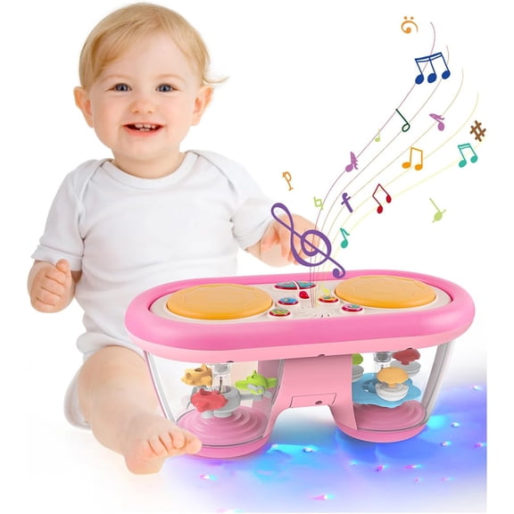 Baby Toys for 6 to 12 Months: 7 Models Pink Rotating Light Up Drum Musical Instruments for 12-18 Months Kids, Tummy Time Toys for Baby 0-3-6-9 Months, Walker for Boy Girl Gifts