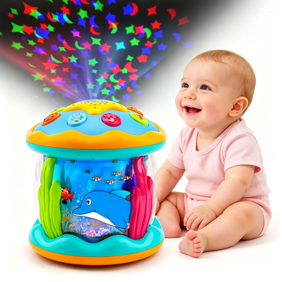 Baby Toys 6-12 Months Babies Ocean Rotating Musical Light Up Projection Tummy Time Toys Baby Aquarium Crawling Learning Toys Birthday Shower Gifts 4 5 6 7 8 9 12-18 Months