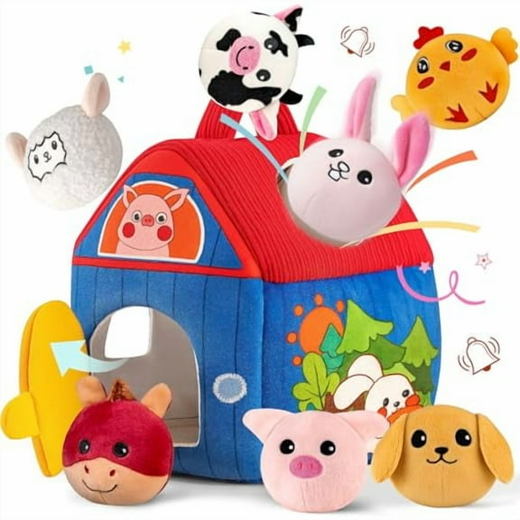 Baby Toys 6-12 Months,Barn with Stuffed Farm Animals,Montessori Toy for Babies,Sensory Toys for Toddlers 1-3,Portable Baby Farmhouse Toy,Birthday Gift for Infants & Toddlers