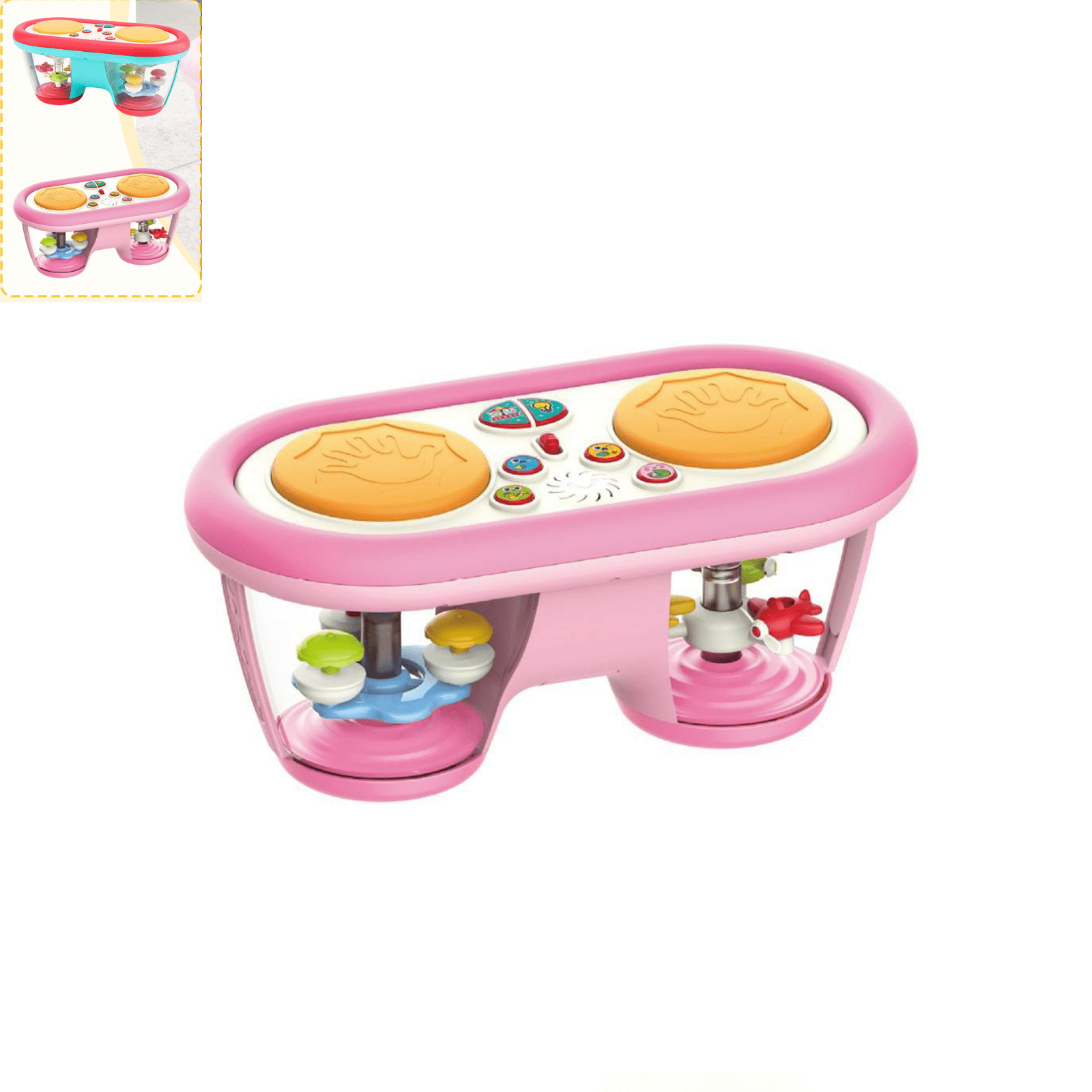 Tummy Time Toys 0-3-6-9 Months + Baby Toys 6-12 Months: Drum Musical Instruments Rotating Light Up Kids Toys, Baby Drum Set & Walker for 1 Year Old Boy Girl Pink