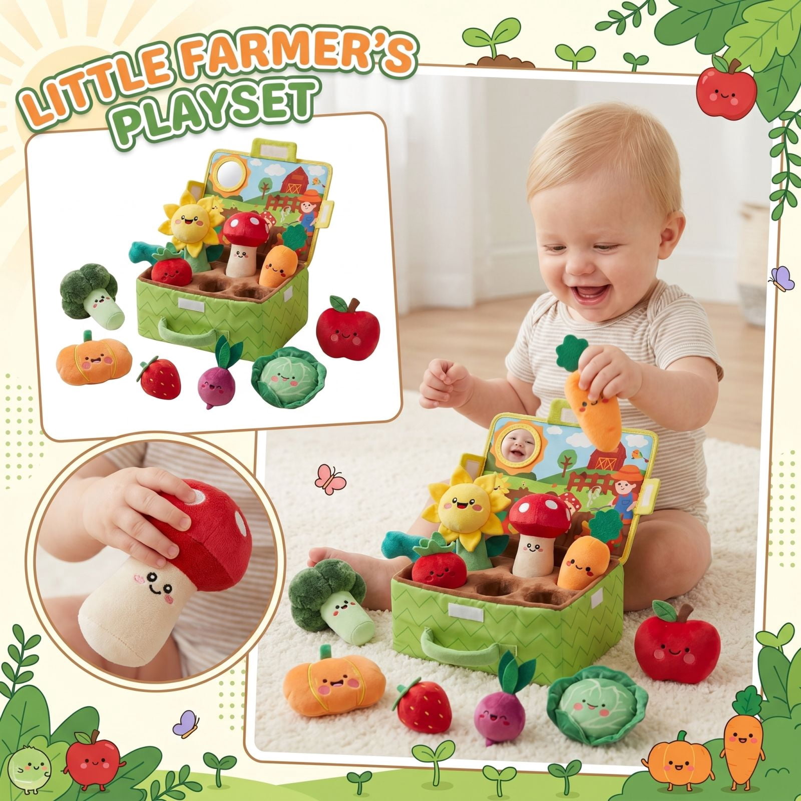 Baby Toys 6-12 Months - Fruits Garden Plant Plush, Kid Sensory Kitchen Playset Early Educational Gift for 1 2 3 Year Infant Boy Girl