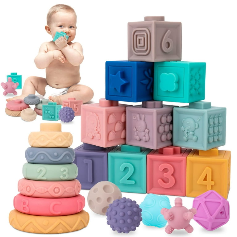 Baby Toys 6 to 12 Months, Soft Building Blocks & Baby Sensory Balls &  Stacking Rings, 3 in 1 Montessori Toys for 1 Year Old, Educational Infant  Toys