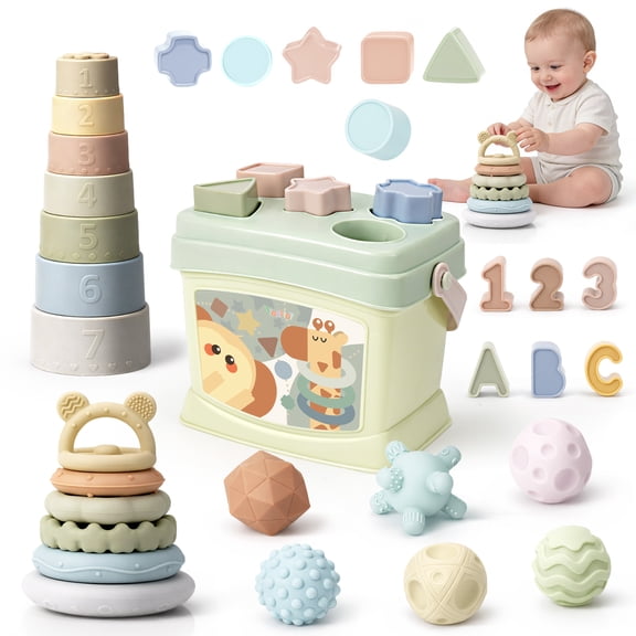 Baby Toys 6-12 Months, Montessori Shape Sorter & Stacking Rings & Cups & Sensory Balls, Teething & Stacking Toys for 6+ Months, Neutral Color Gift for Boys Girls