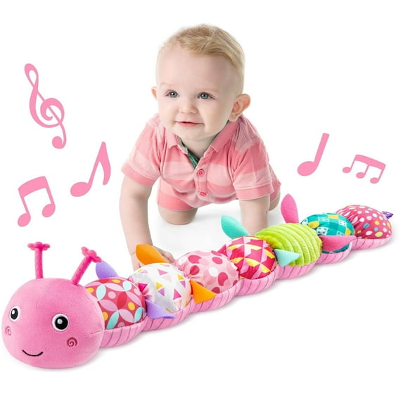 Baby Toys 6-12 Months, Musical Caterpillar Soft Stuffed Infant Toy with Multi-Sensory Crinkle, Rattle and Textures,Toys Gifts for Newborn 1 2 Year Old Boys Girls, Red