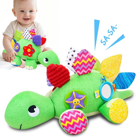 Baby Toys 6-12 Months, Sensory Music Animal Stuffed Toy, Crinkle Mat Mirror & Teethers for Tummy Play Time, Crawling Toy for Infant 6-9-12 Months