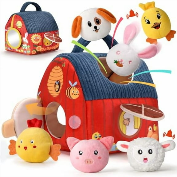 Baby Toys 6-12 Months - Soft Barn Playset with Stuffed Farm Animals,Rattle,Crinkle Paper,Mirror - Montessori Toys for 6 9 12 Months Old Babies,Sensory Balls Toddlers 1-3,1 Year Old Boy Girl Gifts