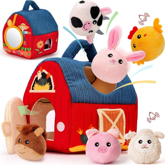 Toys 6-12 Months - Surprise Barn with Stuffed Farm Animals, Rattle, Crinkle Paper, Mirror - Montessori Toys for 6 Month Old Babies, Sensory Balls Toddlers 1-3, 1 Year Old Boy Girl Gifts