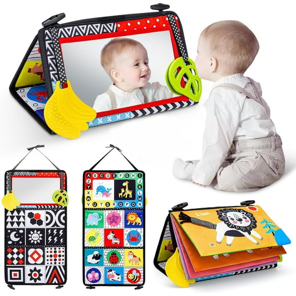 Baby Toys 6-12 Months - Tummy  Play Time Mirror Toys with Cloth Books & Teethers -Newborn Baby Sensory Toy Gifts