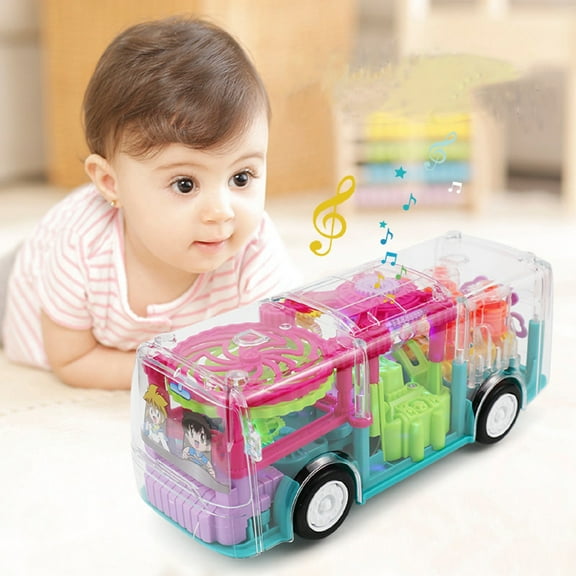 Baby Toys Car for 1+ Year Old Boys Girls, Transparent Gear Toys Bus with Cool Light & Sound Effect, Great Christmas Birthday Gift for Kids