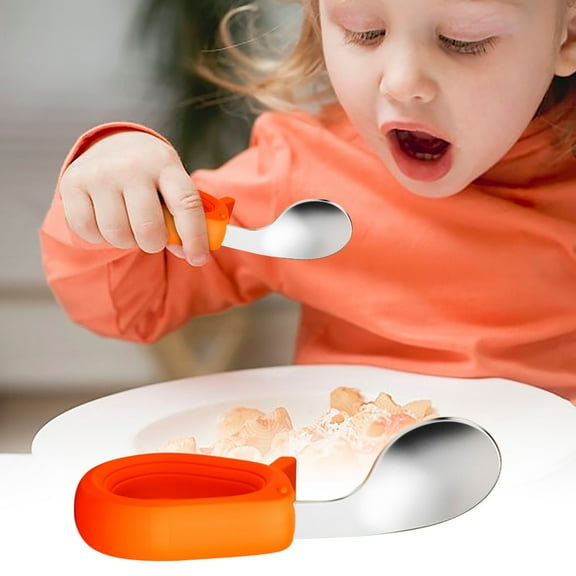 Baby Training Spoon under $5! CQCYD Short Handle Fork and Spoon Set for Baby Self Feeding, 316 Stainless Steel Training Utensils for Toddlers, Bent Spoon for Learning to Eat and Complementary Food