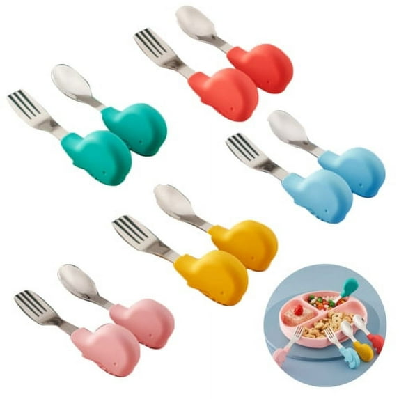 Baby Training Spoon Fork Set, Toddler Feeding Utensils Set Children Tableware Travel Set Safe Food Grade Stainless Steel Self-Feeding Learning Spoons Forks for Kids