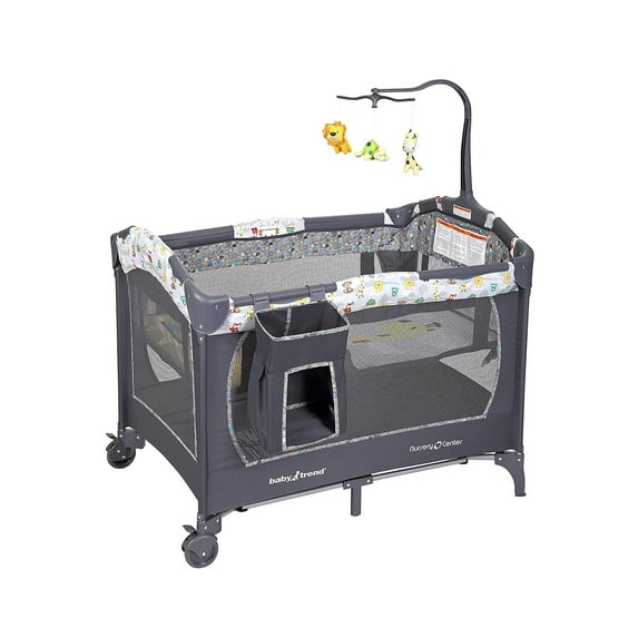 Baby Trend Nursery Center Playard with Toy Mobile, Tanzania Grey