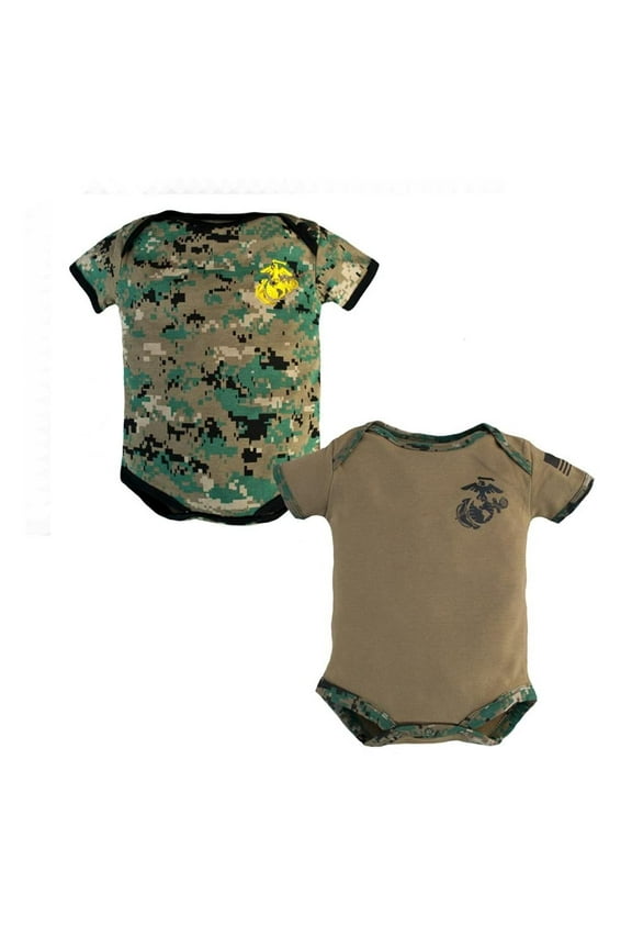 USMC Comfy Two Pack Baby Bodysuit With Marine Corps Logo Woodland Camo - Coyote Brown, 0-3 Months