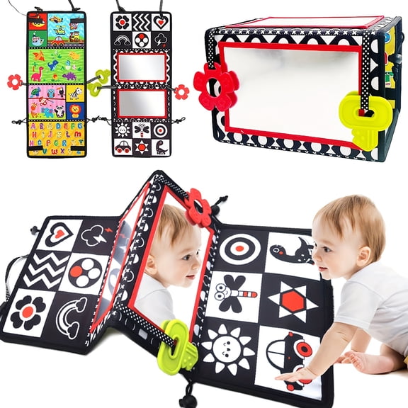Baby Tummy Time Mirror with High-Contrast Design - Foldable Sensory Toy for Newborn & Infant Development, Safe for Car Seat & Play Gym