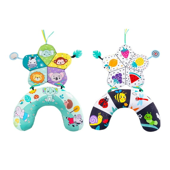 Baby Tummy Time Pillow and Sensory Activity Mat Set, Soft Supportive Cushion with Colorful Animal Designs, Newborn Developmental Toy