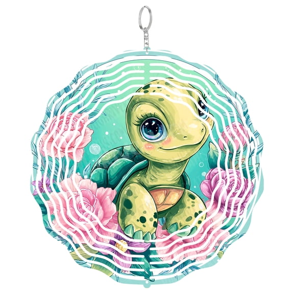Baby Turtle Wind Spinner Metal Outdoor Decor Cute Cartoon Floral Green Pink