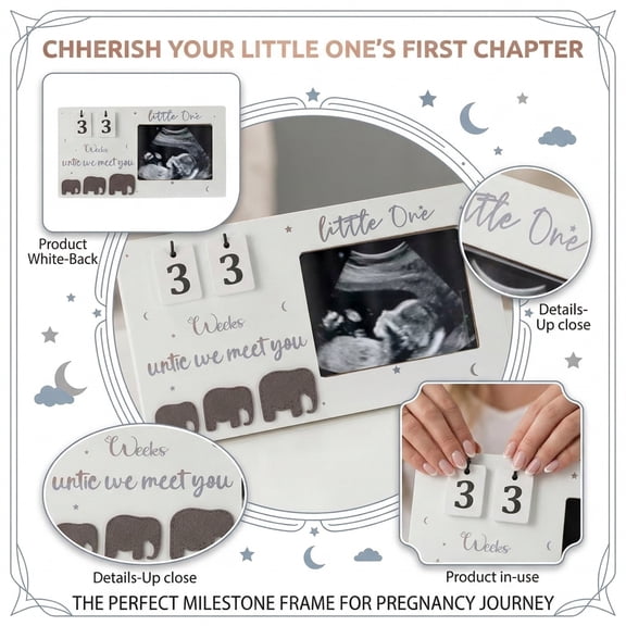 Baby Ultrasound Photo Frame 9.1in Wooden Pregnancy Announcement Keepsake, Little One First Scan Picture Frame with 8 Week Number Blocks for Nursery Shelf Table Decor