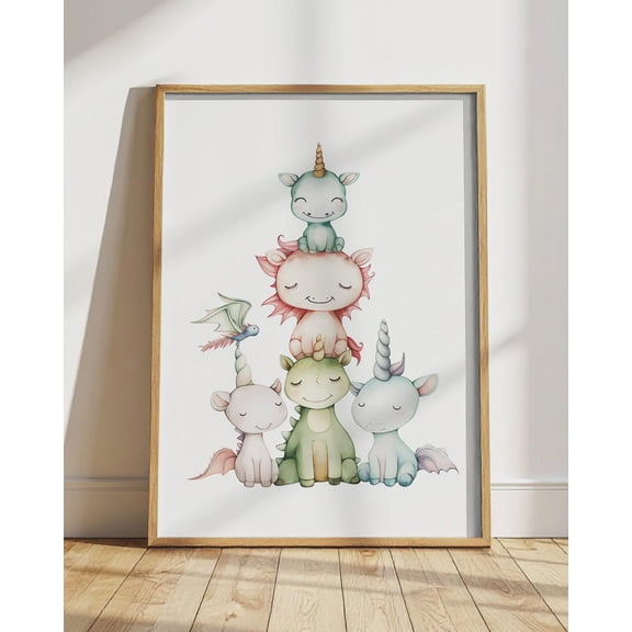 Baby Unicorns Dragons Print, Magical Animals Nursery Wall Art, Unframed Paper Poster 24x36in