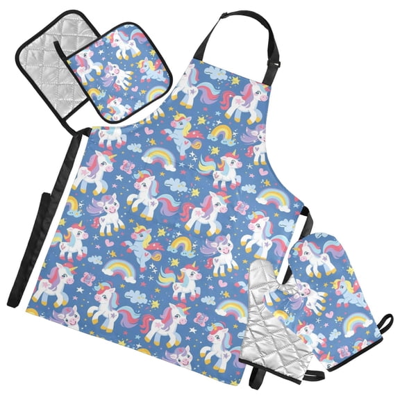 Baby Unicorns Heart Rainbow 5 Pcs Kitchen Set Heat Resistant Oven Mitts and Non-Slip Pot Holders with Adjustable Cooking Apron
