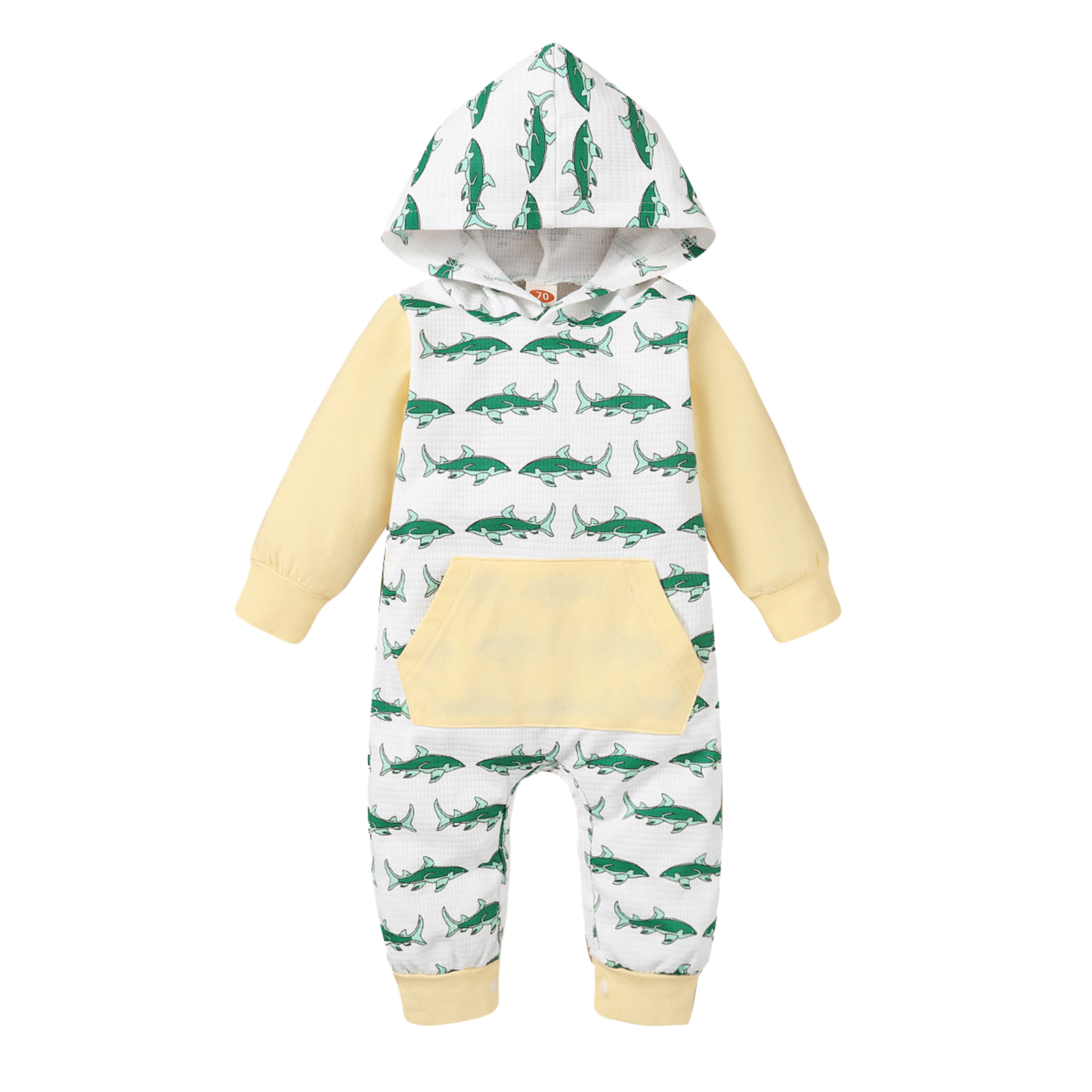 Baby Unisex Cotton Fish Print Autumn Long Sleeve Hooded Romper Jumpsuit