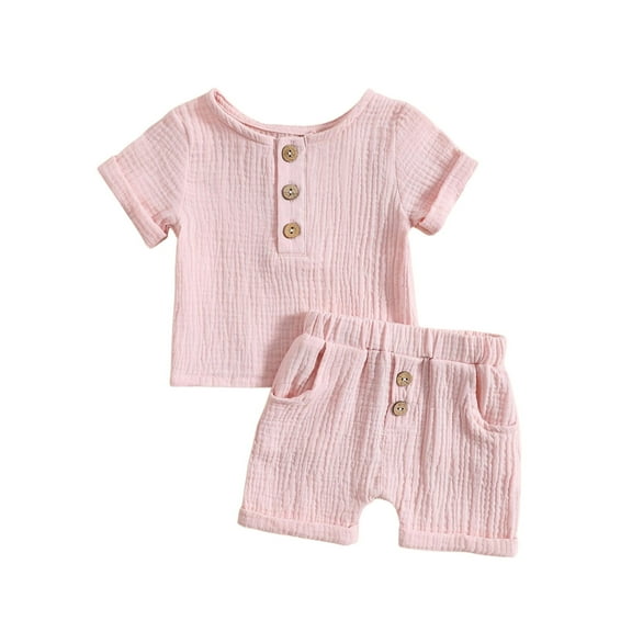 Baby Unisex Spring Summer Solid Button Cotton Short Sleeve Tshirt Shorts Outfits Clothes Kids And Teens