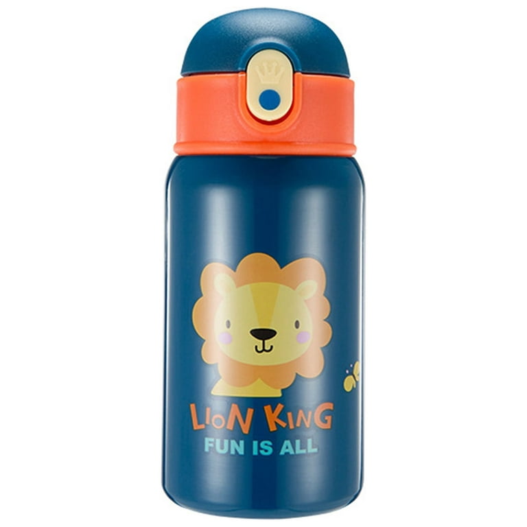 Baby Vacuum Flask with Cup Holder Silicone Straw Water Bottle Bounce Lid 304 Stainless Steel Cartoon Pattern, Size: One size, Blue