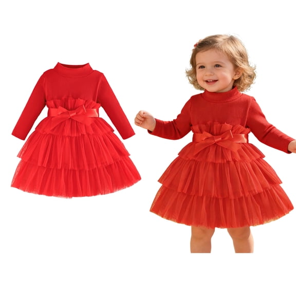 Baby Valentines Day Dress for Girls Long Sleeve Tiered Tulle Dresses with Bow Spring Dresses Party Dresses for Girls 9-12 Months
