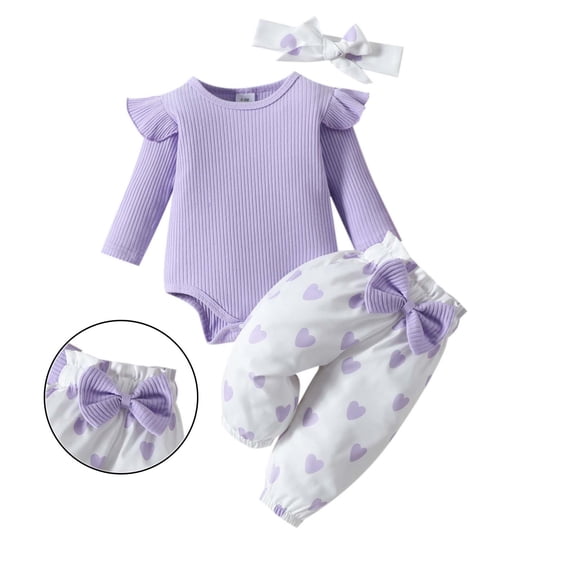 Baby Valentines Outfit Girl Long Sleeve Heart Print Ruffle Romper Bodysuit Pants and Headband Set Cute Girl Outfits Outfit 0-3 Months