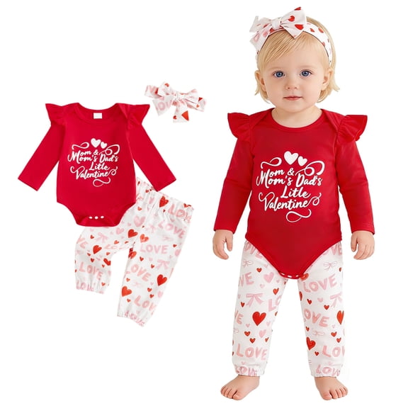 Baby Valentines Outfit Girl Long Sleeve Letter Print Ruffle Romper Bodysuit Pants and Headband Set Cute Baby Girl Clothes Outfit Girl 12-18 Months