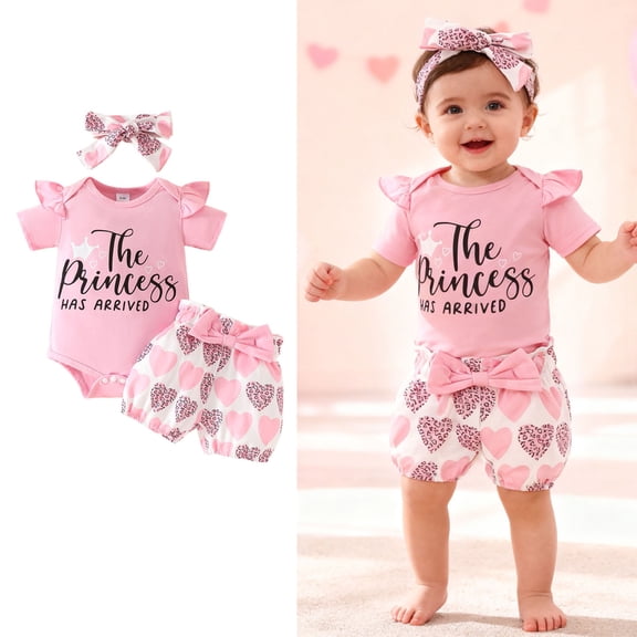 Baby Valentines Outfit Girl Short Sleeve Letter Print Romper Bodysuit Shorts and Headband Set Cute Girl Outfits Baby Girl Outfits 0-3 Months