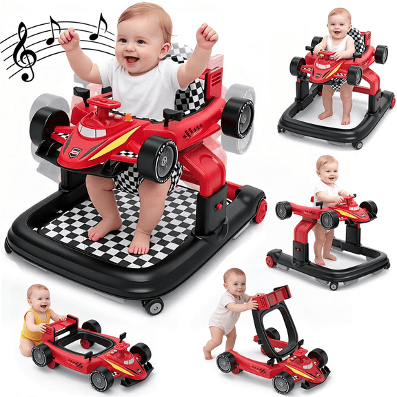 Baby Walker, 4-in-1 Foldable Infant Activity Push Walker, Toddler Car Walker with Adjustable Heights, Music, Lights, Padded Seat, Baby Walker with Wheels for Boys Girls 6-18 Months(Red)