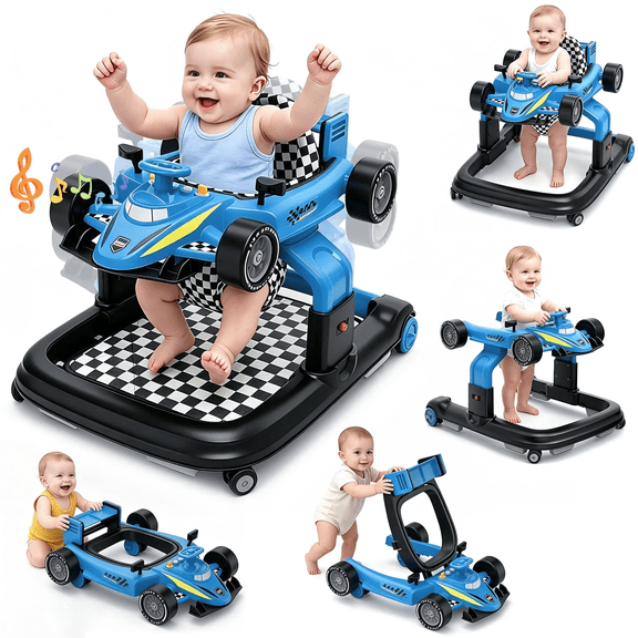 Baby Walker, 4-in-1 Foldable Infant Activity Push Walker, Toddler Car Walker with Adjustable Heights, Music, Lights, Padded Seat, Baby Walker with Wheels for Boys Girls 6-18 Months(Blue)