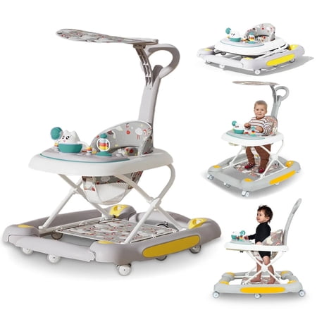 GAMBE 4 in 1 Foldable Baby Walker, with Removable Canopy, Footrest, Music , Light, Small Toys, Gray