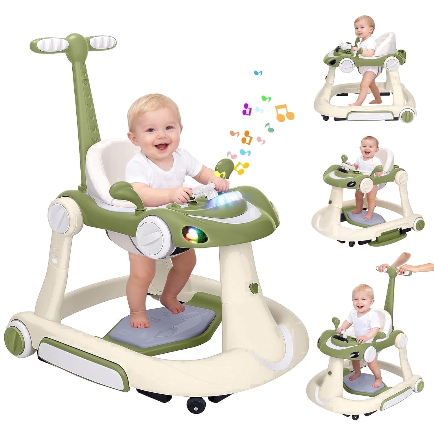 5 in 1 Baby Walker for Boys Girls,Foldable,Music,Jumper,Rocking,Push W/ 3 Height Adjustable for Infant 6-18 Months,Bean Green