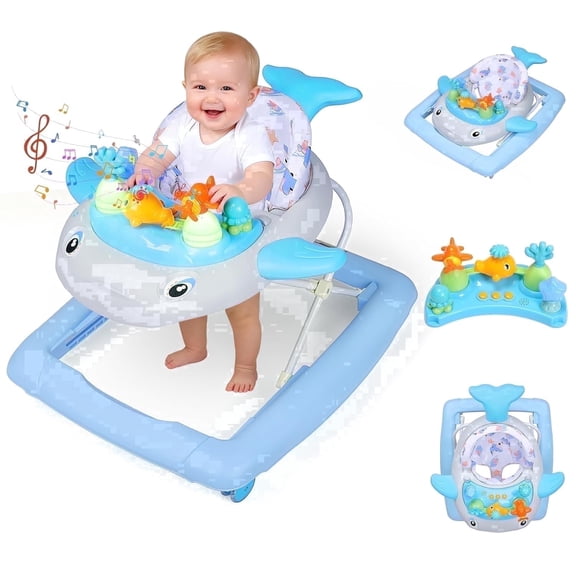PRVAETU Baby Walker & Activity Center W/ Music & Lights,3 Adjustable Height, Anti-Rollover & Foldable Design for Infant Boy and Girl 6-18 Months,Blue