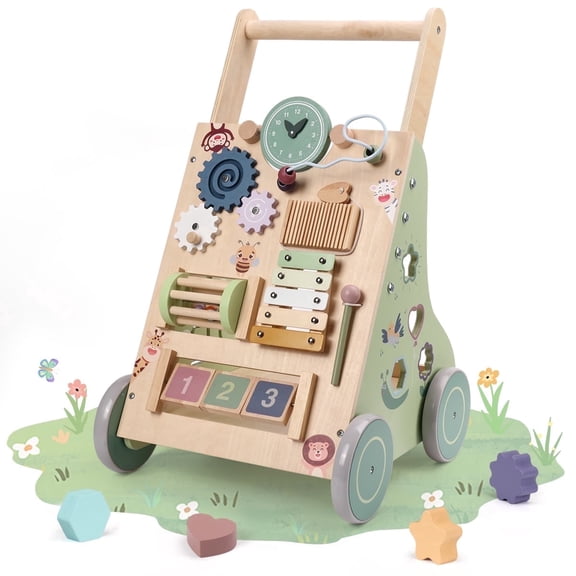 Wooden Baby Walker, Caveen Montessori Push Walker with Activity Center,Adjustable Speed and Height Baby Push Walking Toys for 12 Months