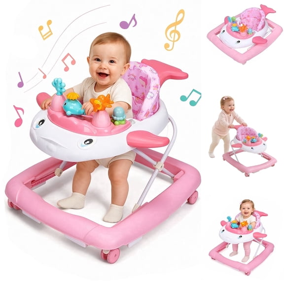 suihuooo Baby Walker with Music & Lights 3 Adjustable Height for Infant Boys and Girls 6-18 Months,Pink Flower