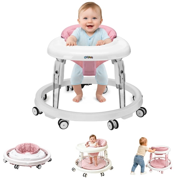 suihuooo Foldable Baby Walker with Height Adjustment for Boy Girls 6-18 Months,Pink