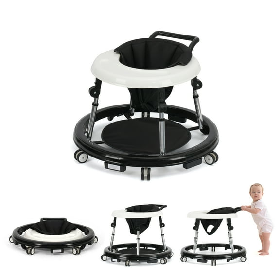 Baby Walker, Portable/Foldable/9 Adjustable Heights/With Wheels/Anti-Rolling, For Babies 6-12 Months,Black