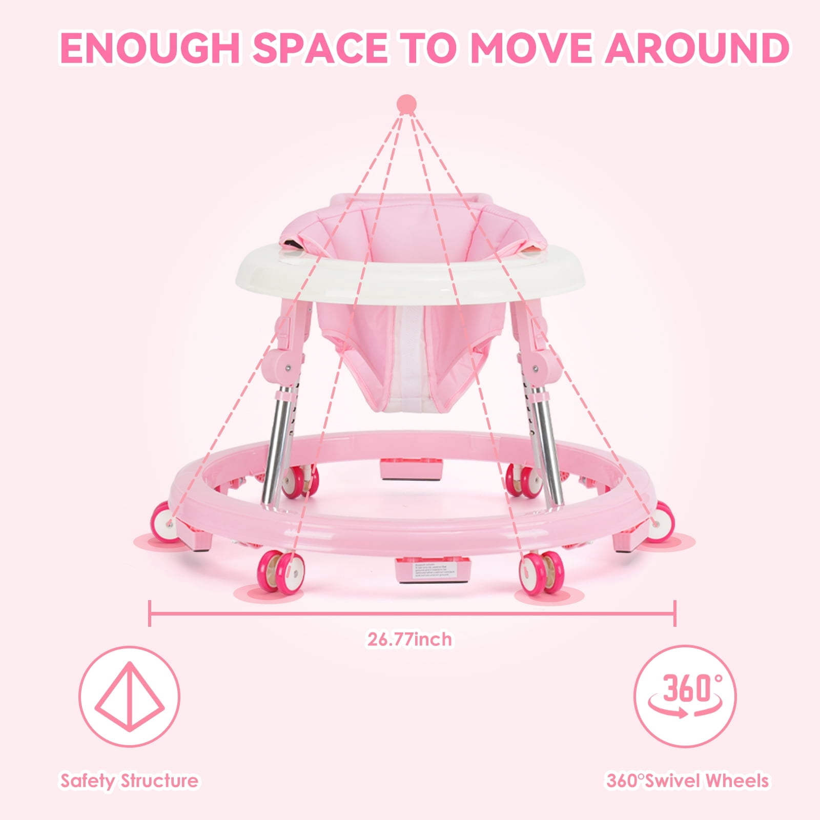 Baby Walker, Portable/Foldable/9 Adjustable Heights/With Wheels/Anti-Rolling, For Babies 6-12 Months,Pink