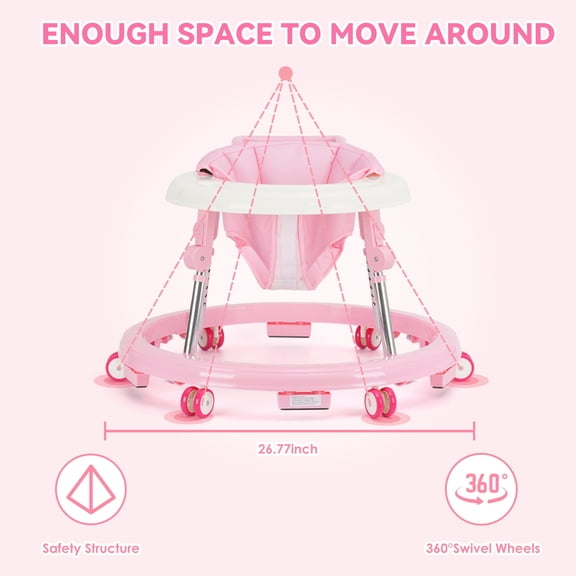 Baby Walker, Portable/Foldable/9 Adjustable Heights/With Wheels/Anti-Rolling, For Babies 6-12 Months,Pink