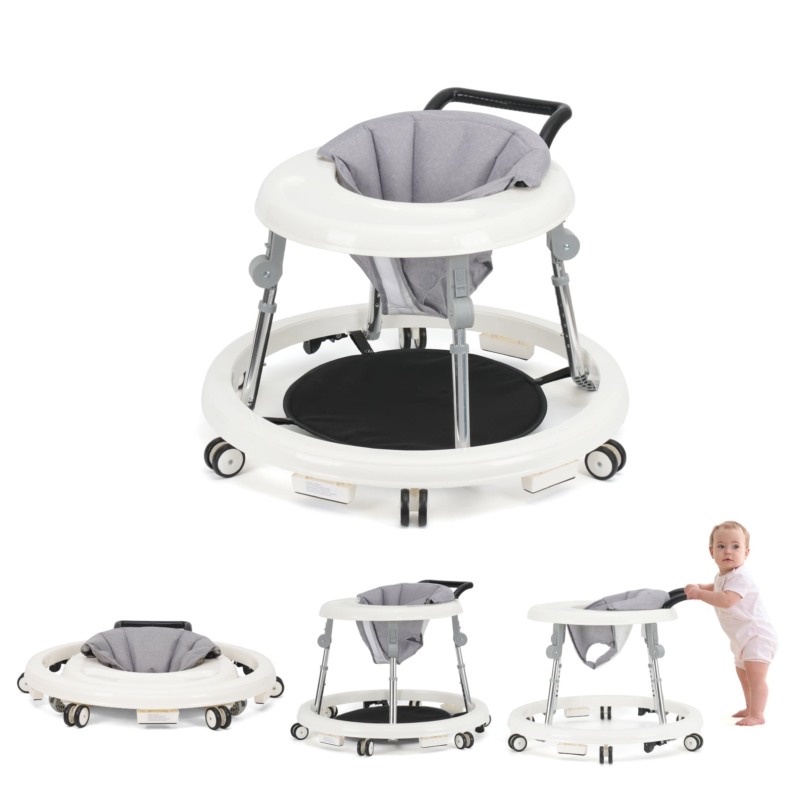 Baby Walker, Portable/Foldable/9 Adjustable Heights/With Wheels/Anti-Rolling, For Babies 6-12 Months,White